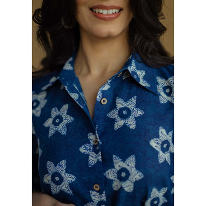 The Indian Ethnic Co. Navy Blue A-Line Bagru Printed Slub Cotton Dress