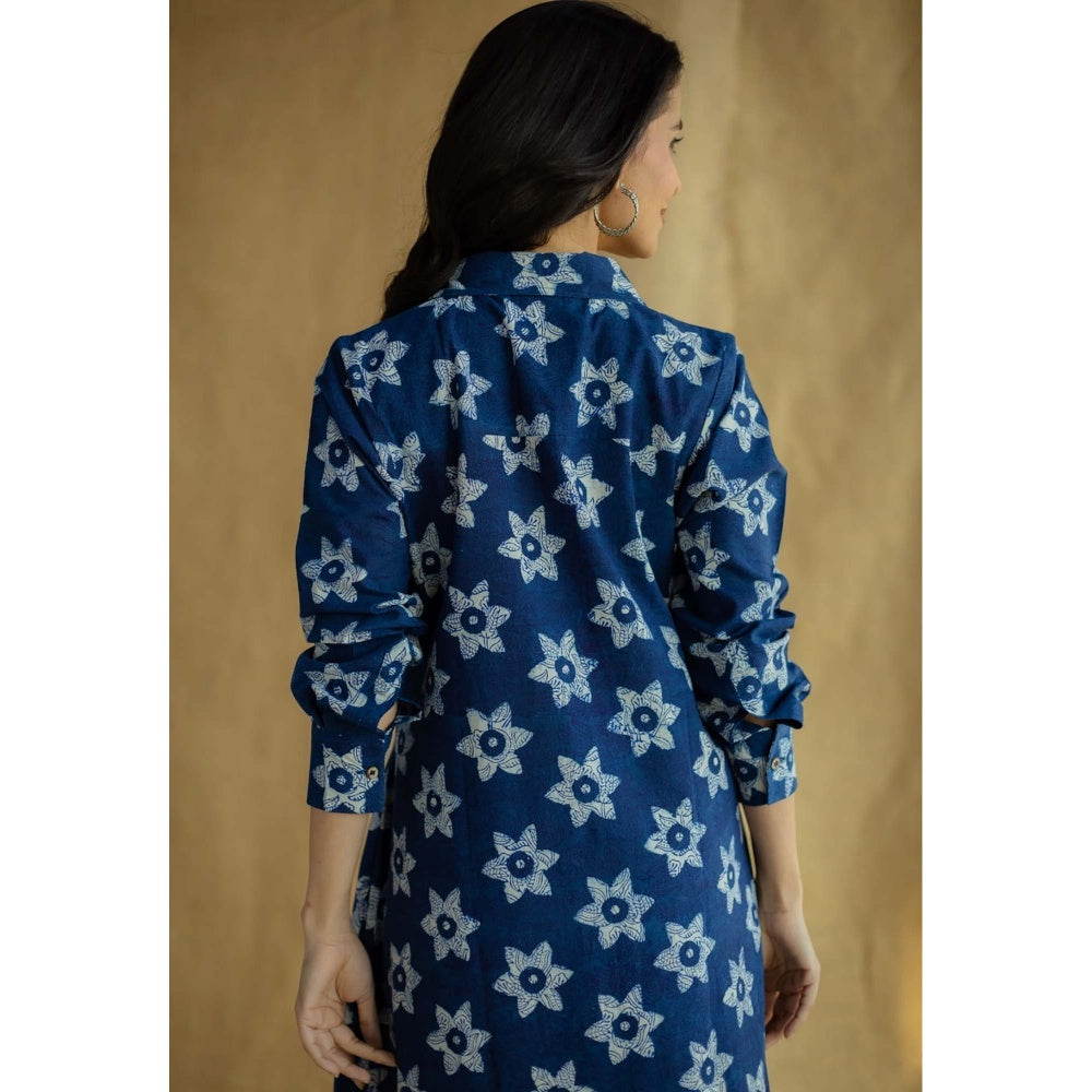 The Indian Ethnic Co. Navy Blue A-Line Bagru Printed Slub Cotton Dress