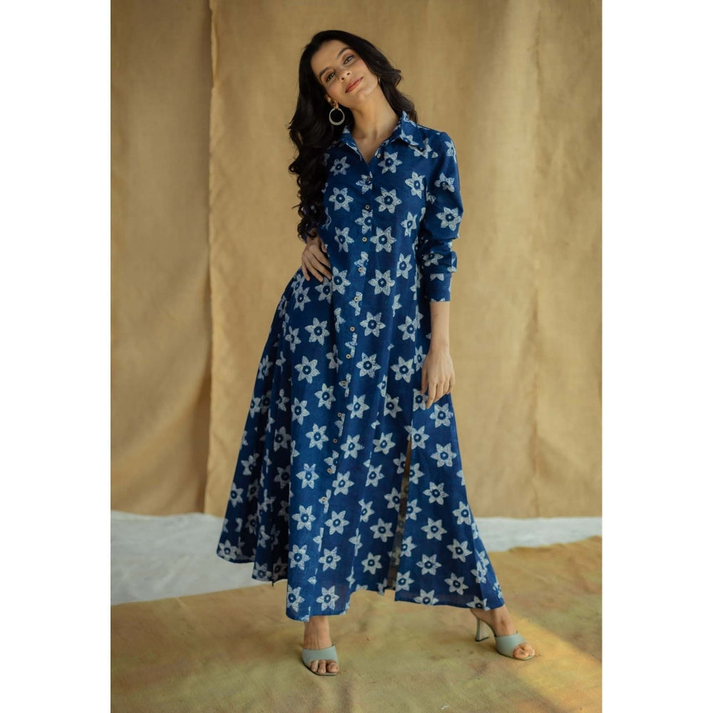 The Indian Ethnic Co. Navy Blue A-Line Bagru Printed Slub Cotton Dress