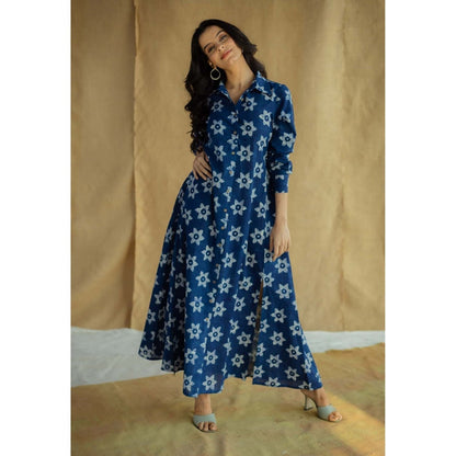 The Indian Ethnic Co. Navy Blue A-Line Bagru Printed Slub Cotton Dress