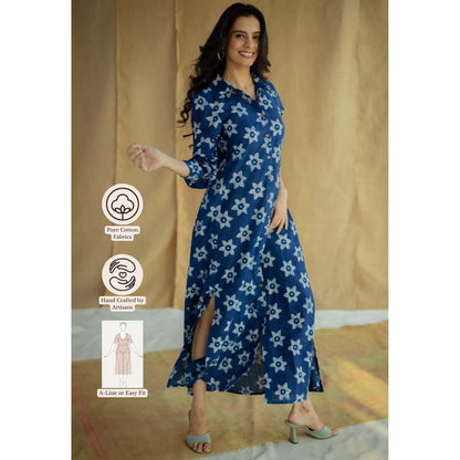The Indian Ethnic Co. Navy Blue A-Line Bagru Printed Slub Cotton Dress
