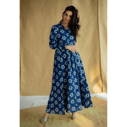 The Indian Ethnic Co. Navy Blue A-Line Bagru Printed Slub Cotton Dress