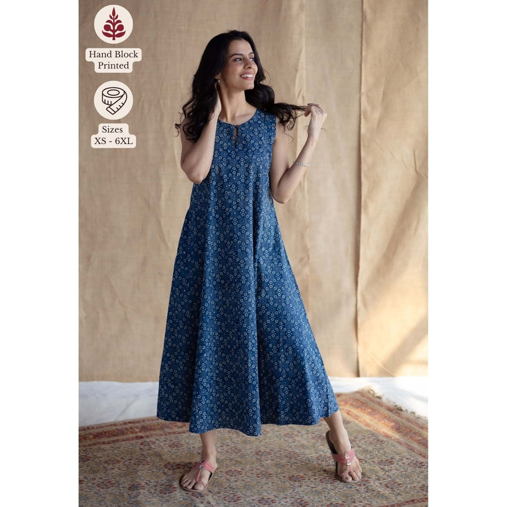 The Indian Ethnic Co. Navy Blue Ajrakh Printed Cotton A Line Dress