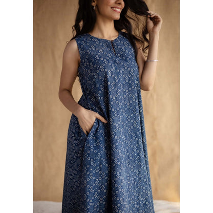 The Indian Ethnic Co. Navy Blue Ajrakh Printed Cotton A Line Dress