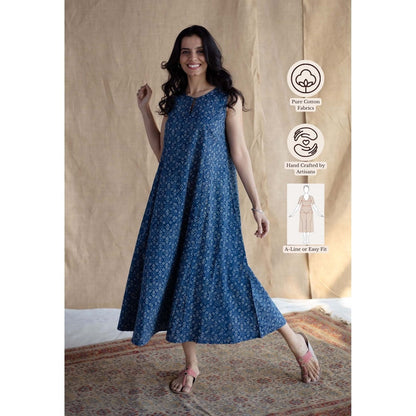 The Indian Ethnic Co. Navy Blue Ajrakh Printed Cotton A Line Dress