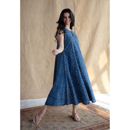 The Indian Ethnic Co. Navy Blue Ajrakh Printed Cotton A Line Dress