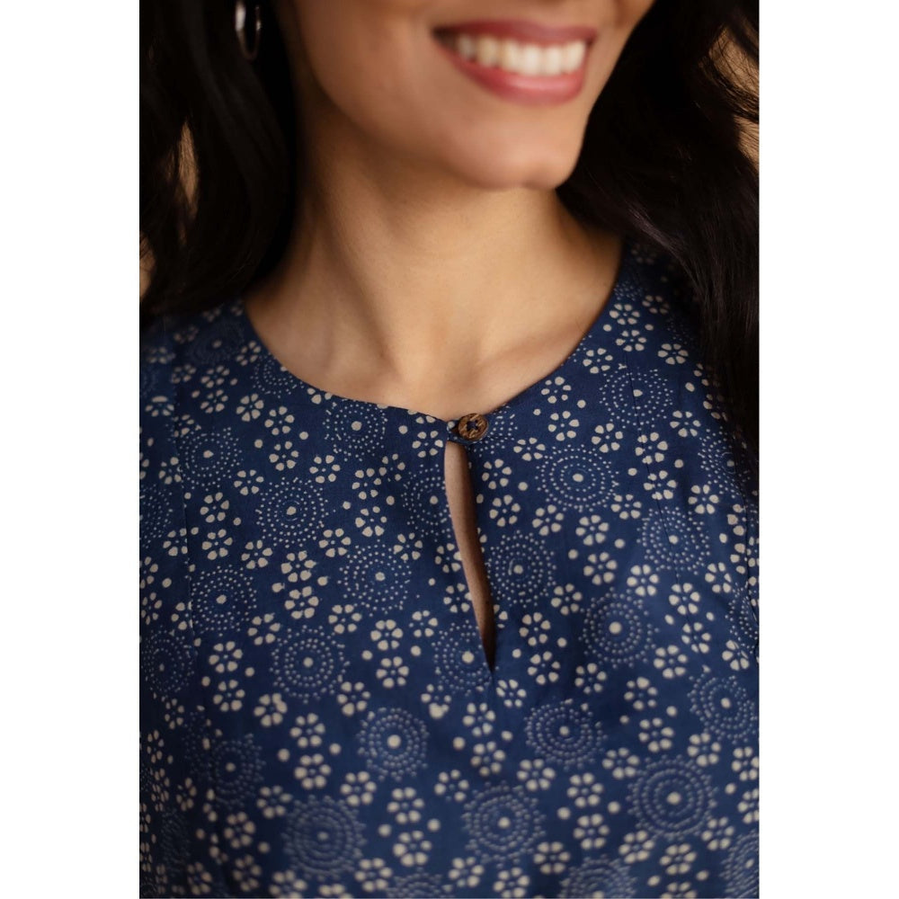The Indian Ethnic Co. Navy Blue Ajrakh Printed Cotton A Line Dress