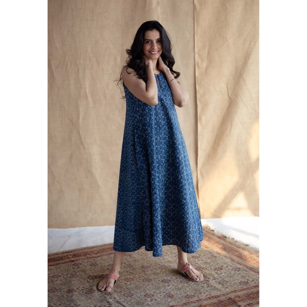 The Indian Ethnic Co. Navy Blue Ajrakh Printed Cotton A Line Dress