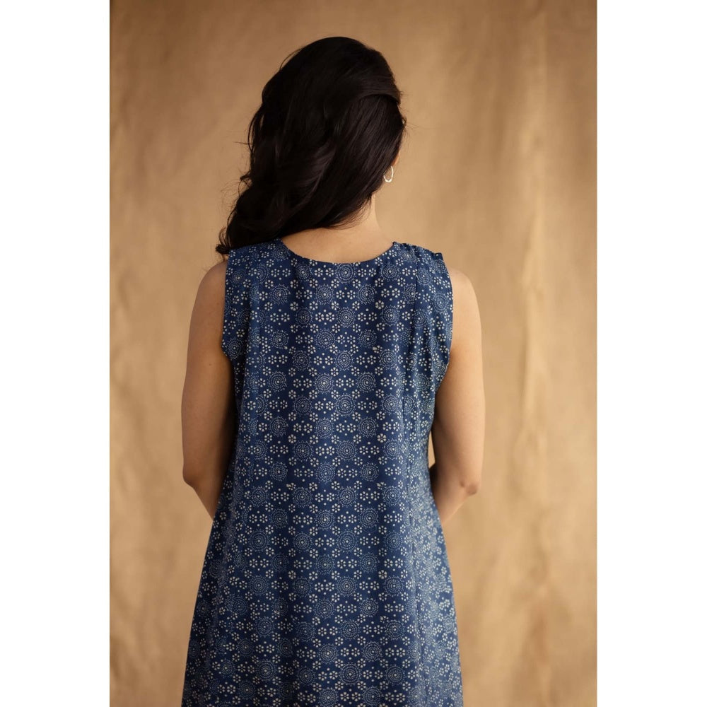 The Indian Ethnic Co. Navy Blue Ajrakh Printed Cotton A Line Dress