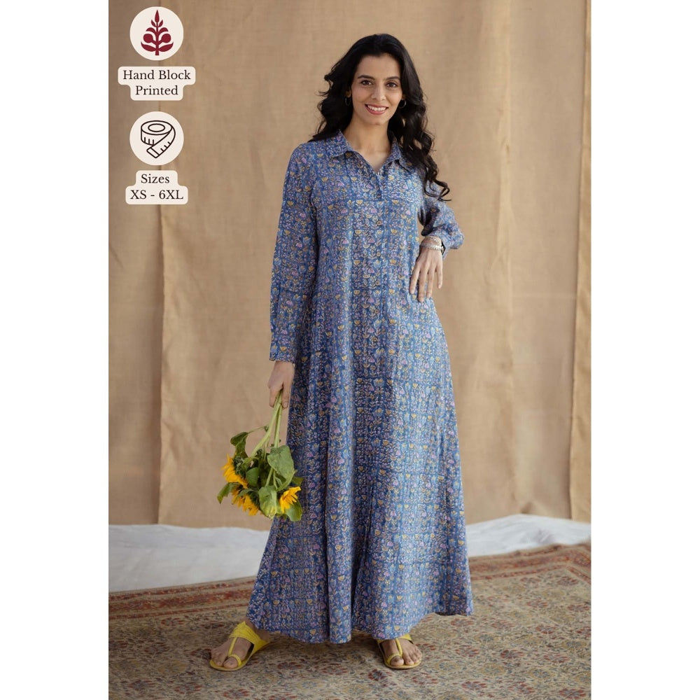 The Indian Ethnic Co. Blue A-Line Sanganeri Printed Slub Cotton Dress