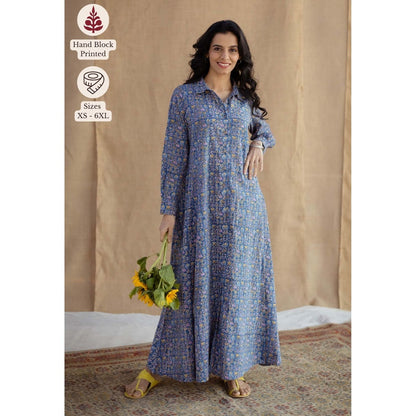 The Indian Ethnic Co. Blue A-Line Sanganeri Printed Slub Cotton Dress