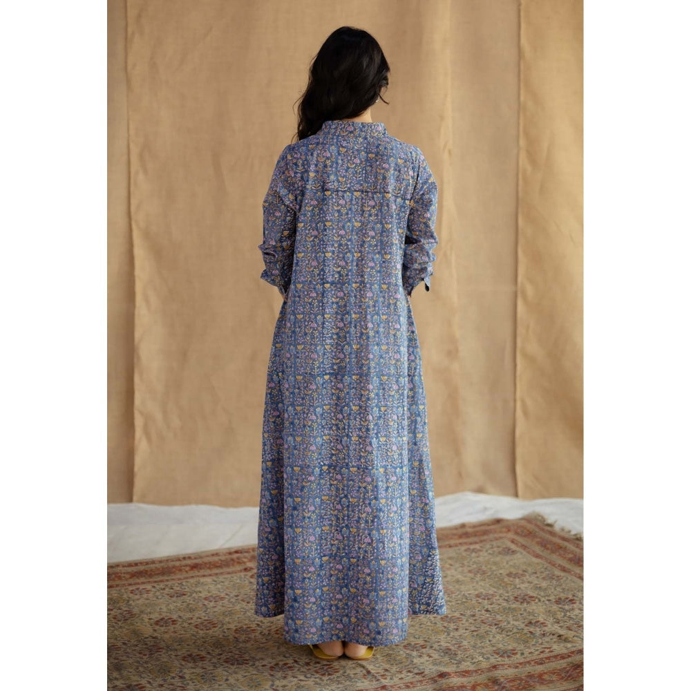 The Indian Ethnic Co. Blue A-Line Sanganeri Printed Slub Cotton Dress