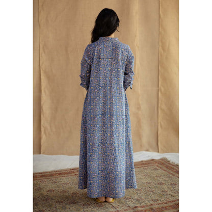 The Indian Ethnic Co. Blue A-Line Sanganeri Printed Slub Cotton Dress