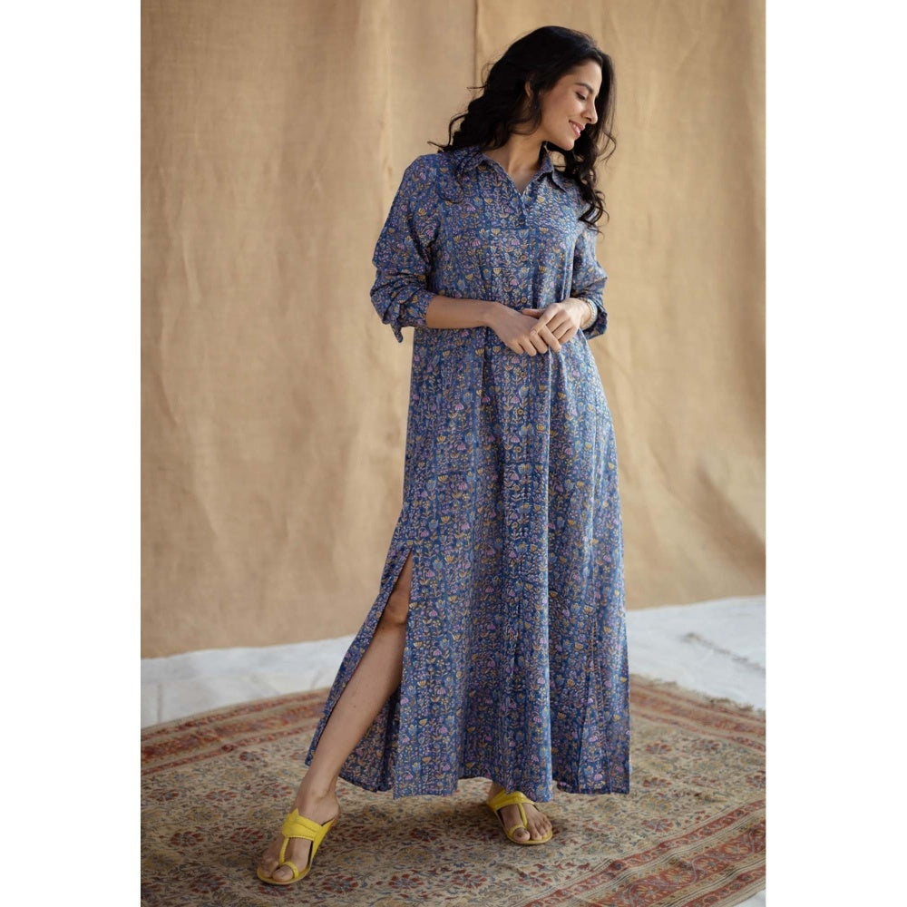 The Indian Ethnic Co. Blue A-Line Sanganeri Printed Slub Cotton Dress