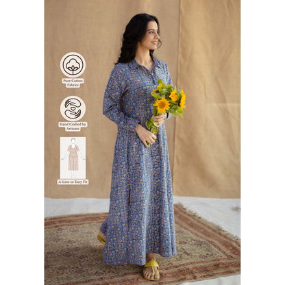 The Indian Ethnic Co. Blue A-Line Sanganeri Printed Slub Cotton Dress