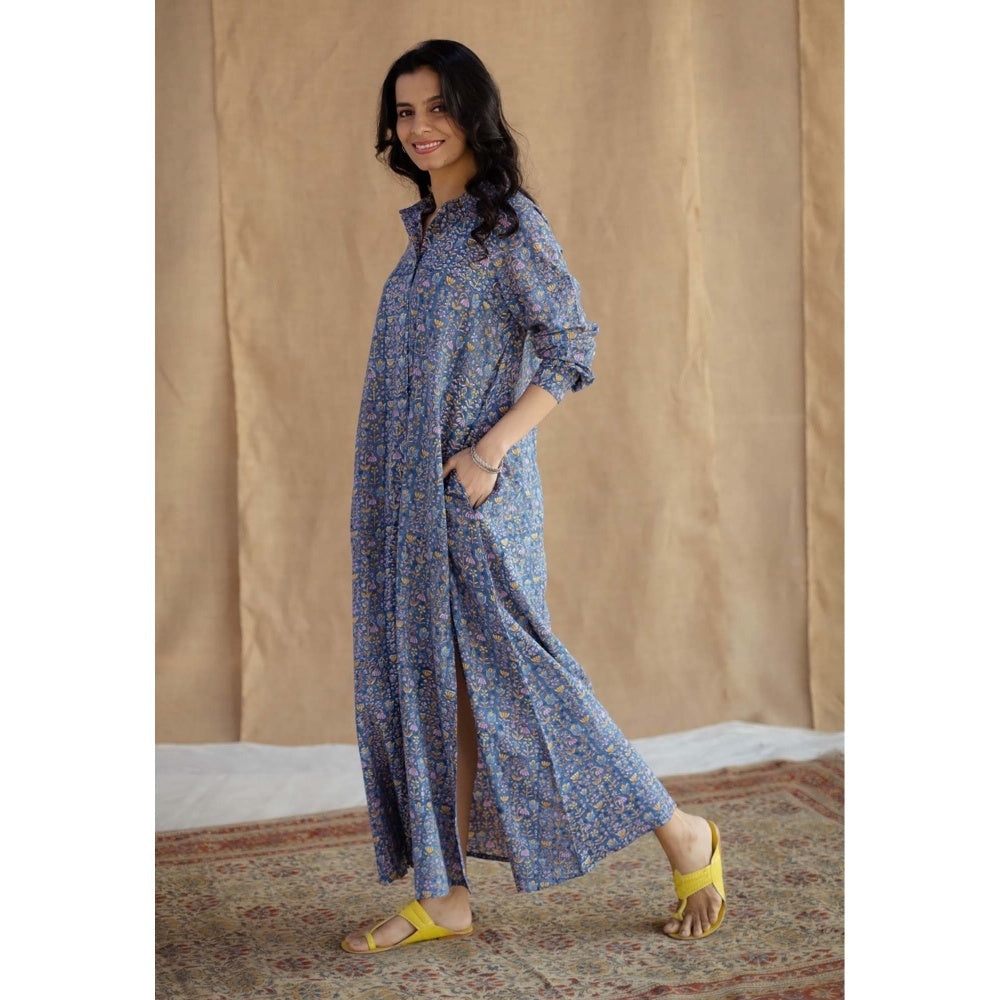 The Indian Ethnic Co. Blue A-Line Sanganeri Printed Slub Cotton Dress