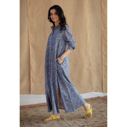 The Indian Ethnic Co. Blue A-Line Sanganeri Printed Slub Cotton Dress