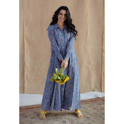 The Indian Ethnic Co. Blue A-Line Sanganeri Printed Slub Cotton Dress