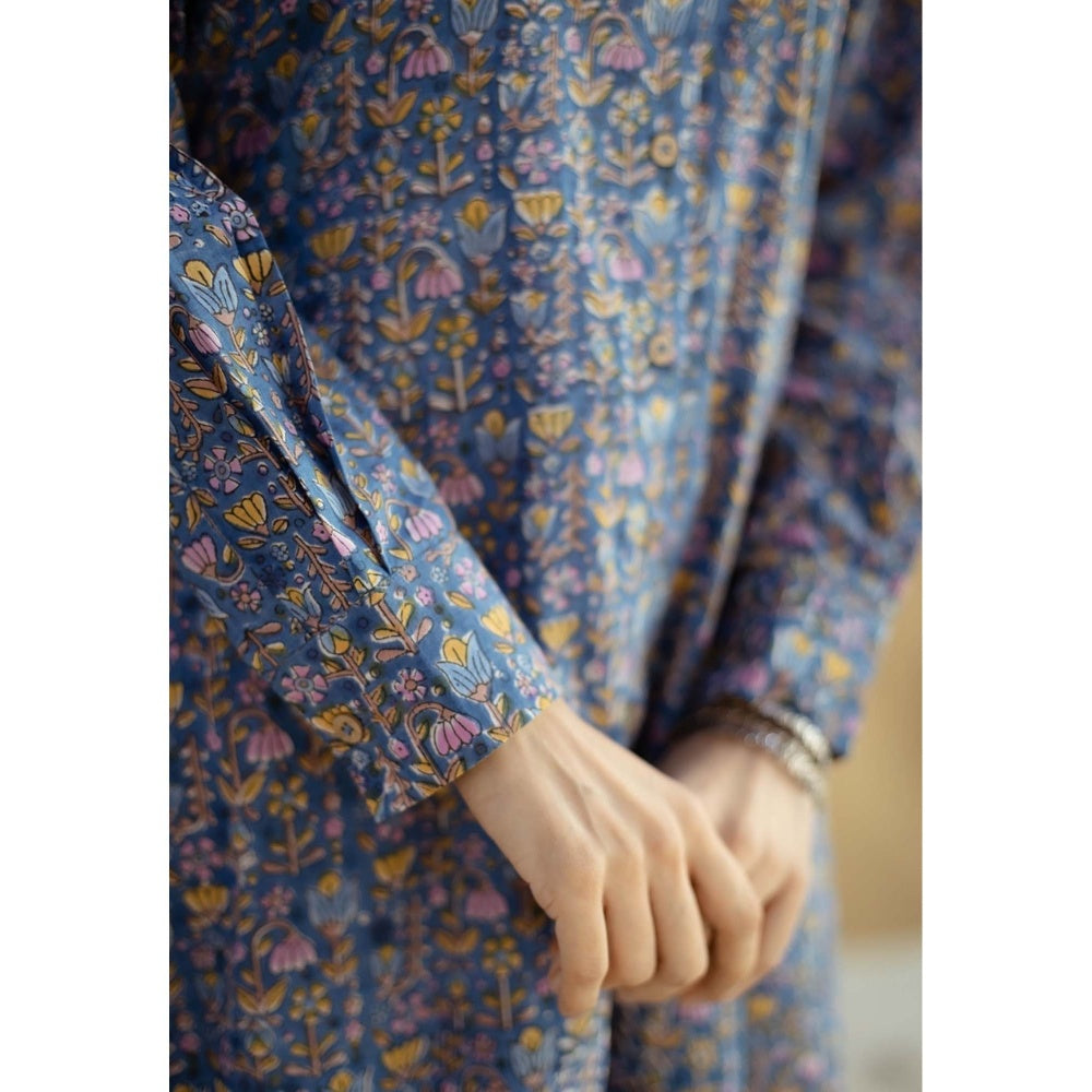 The Indian Ethnic Co. Blue A-Line Sanganeri Printed Slub Cotton Dress