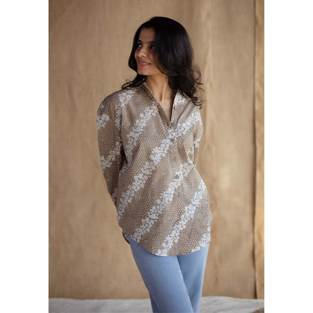 The Indian Ethnic Co. Beige Loose Batik Hand Block Printed Cotton Shirt