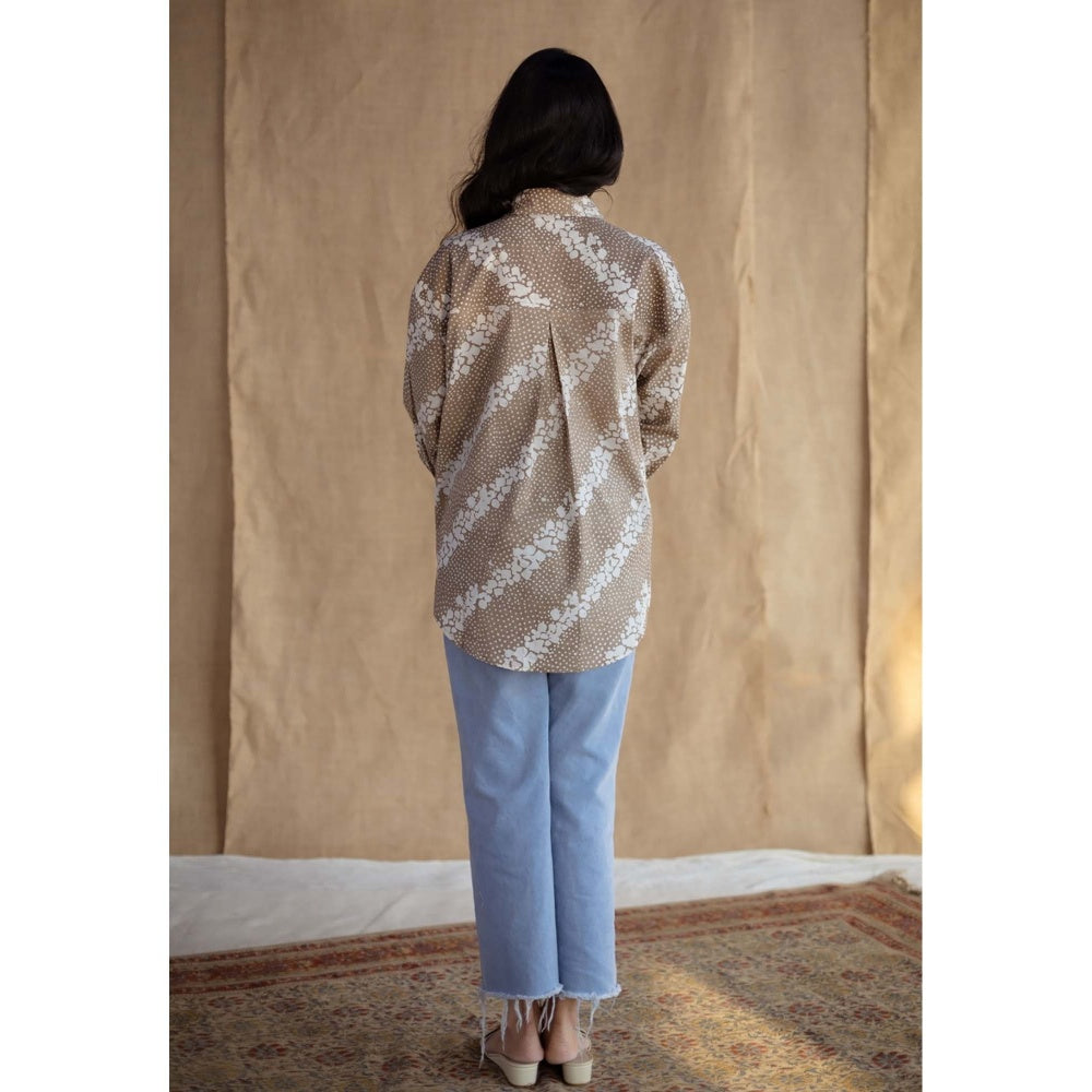 The Indian Ethnic Co. Beige Loose Batik Hand Block Printed Cotton Shirt
