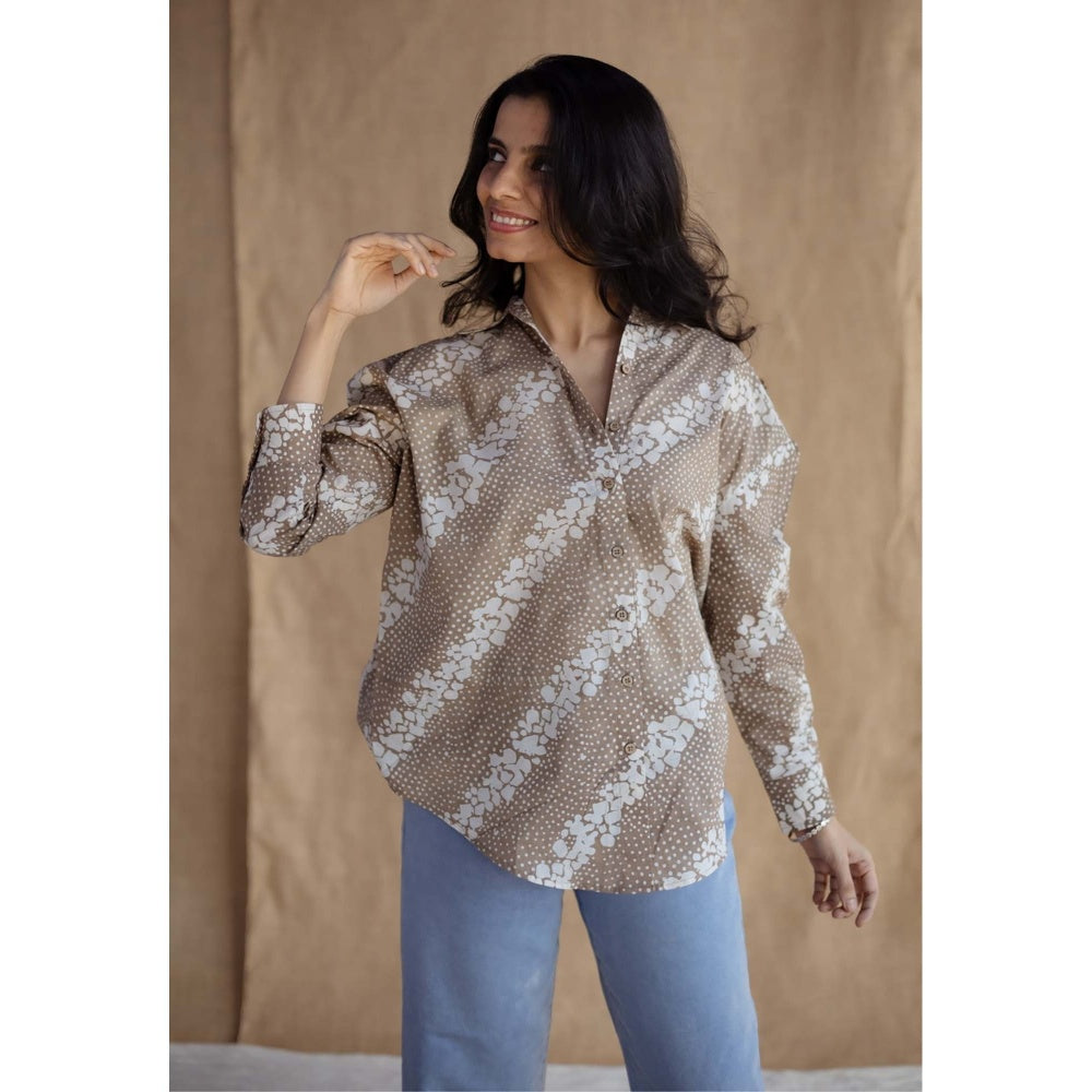 The Indian Ethnic Co. Beige Loose Batik Hand Block Printed Cotton Shirt