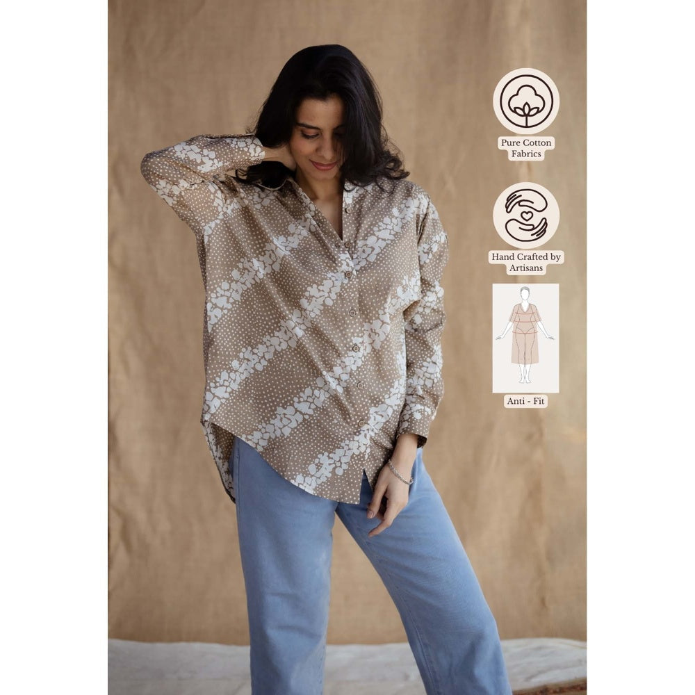 The Indian Ethnic Co. Beige Loose Batik Hand Block Printed Cotton Shirt