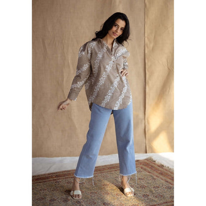 The Indian Ethnic Co. Beige Loose Batik Hand Block Printed Cotton Shirt