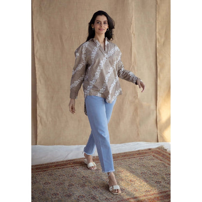 The Indian Ethnic Co. Beige Loose Batik Hand Block Printed Cotton Shirt