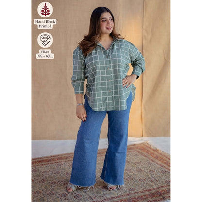 The Indian Ethnic Co. Green Dabu Hand Block Printed Slub Cotton Loose Shirt
