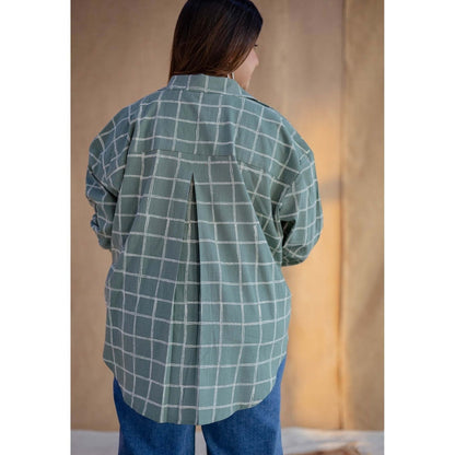 The Indian Ethnic Co. Green Dabu Hand Block Printed Slub Cotton Loose Shirt