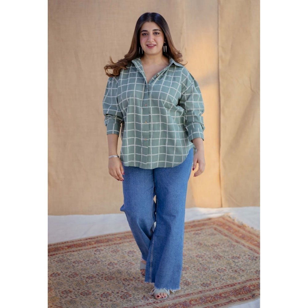 The Indian Ethnic Co. Green Dabu Hand Block Printed Slub Cotton Loose Shirt
