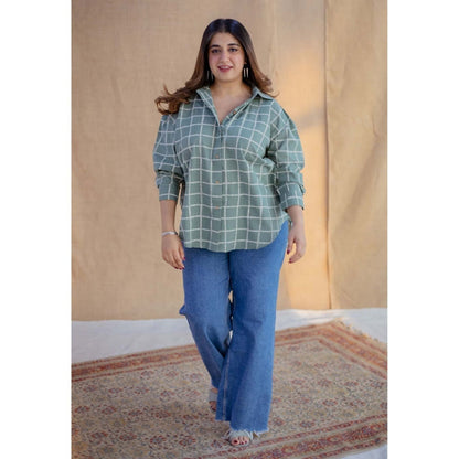 The Indian Ethnic Co. Green Dabu Hand Block Printed Slub Cotton Loose Shirt