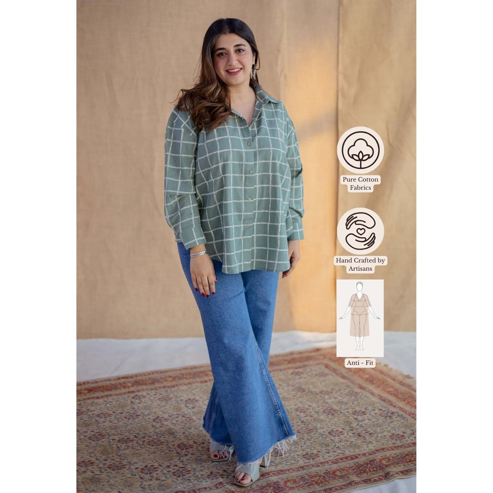 The Indian Ethnic Co. Green Dabu Hand Block Printed Slub Cotton Loose Shirt