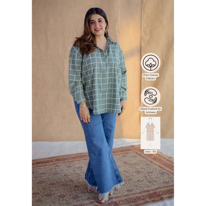 The Indian Ethnic Co. Green Dabu Hand Block Printed Slub Cotton Loose Shirt