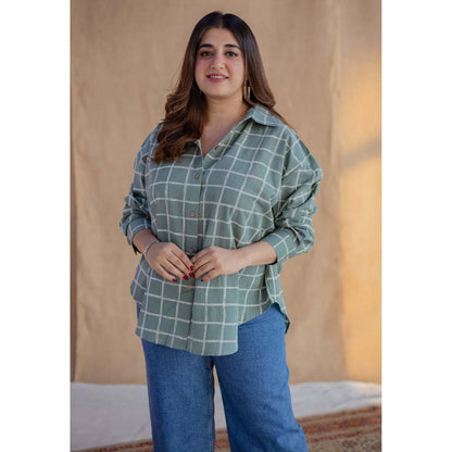 The Indian Ethnic Co. Green Dabu Hand Block Printed Slub Cotton Loose Shirt