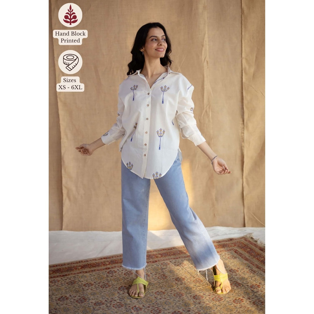 The Indian Ethnic Co. White Loose Hand Block Printed Cotton Shirt