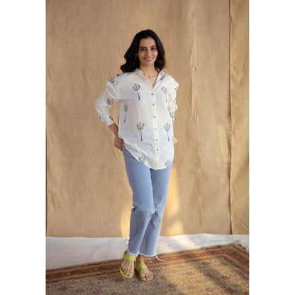 The Indian Ethnic Co. White Loose Hand Block Printed Cotton Shirt
