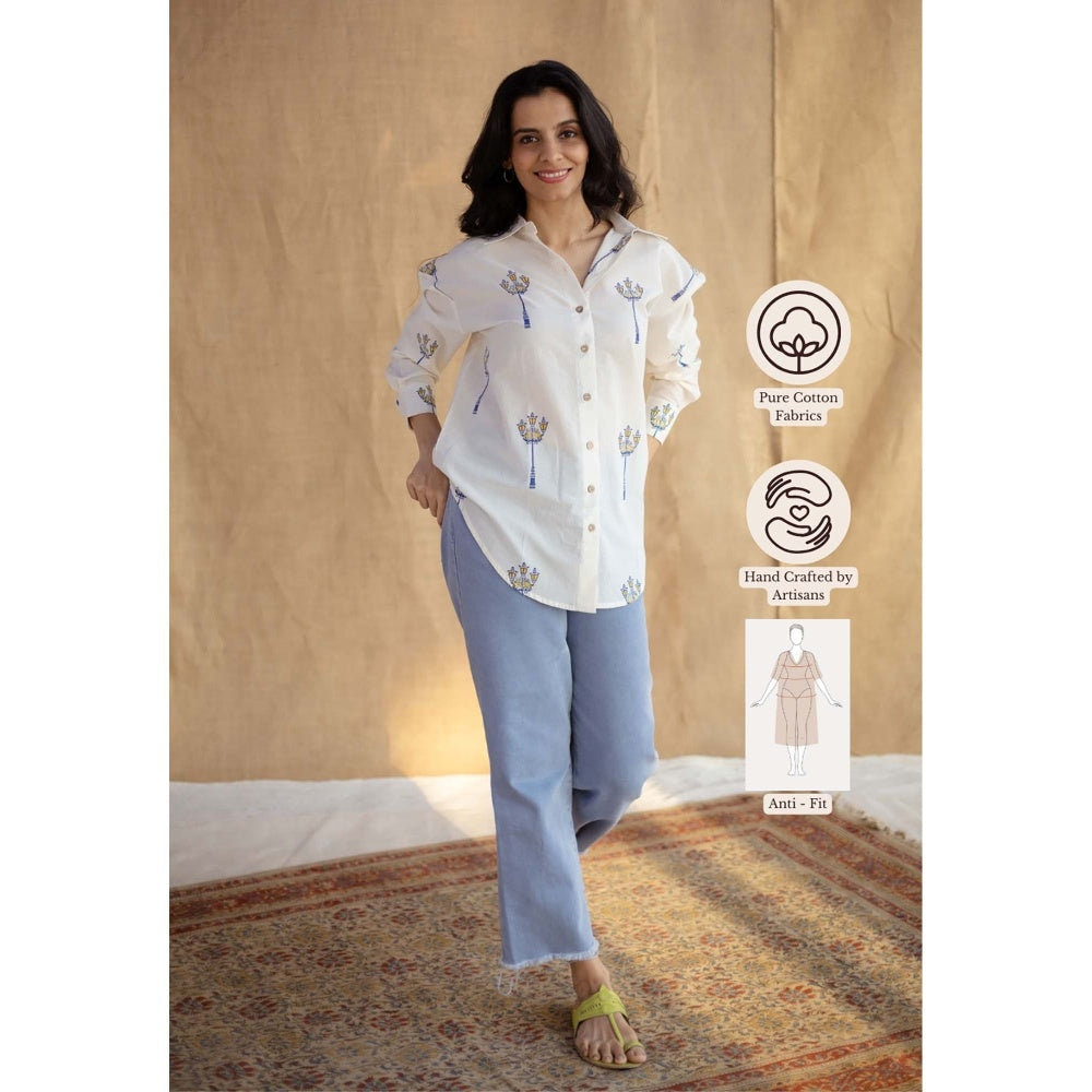 The Indian Ethnic Co. White Loose Hand Block Printed Cotton Shirt