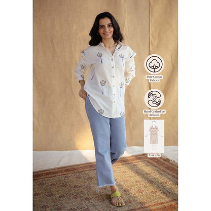 The Indian Ethnic Co. White Loose Hand Block Printed Cotton Shirt
