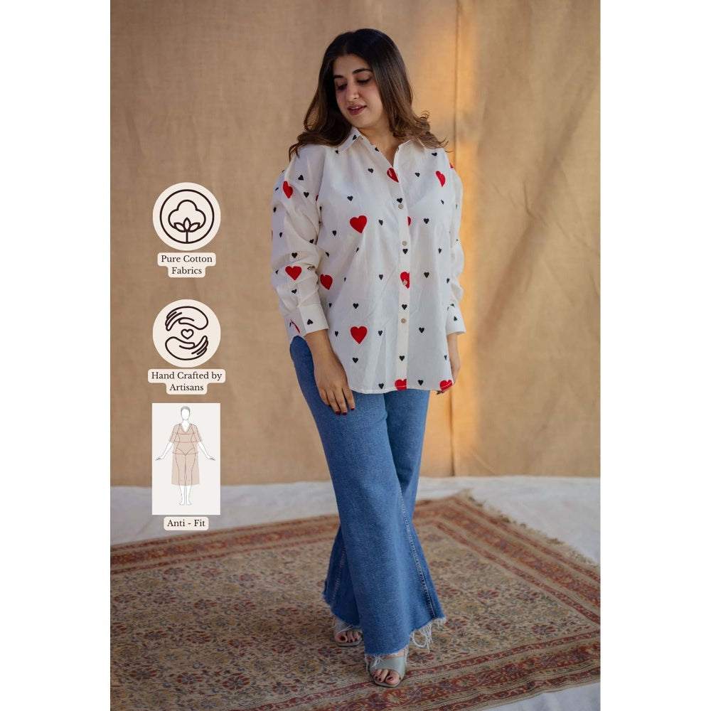 The Indian Ethnic Co. White Loose Hand Block Printed Cotton Shirt