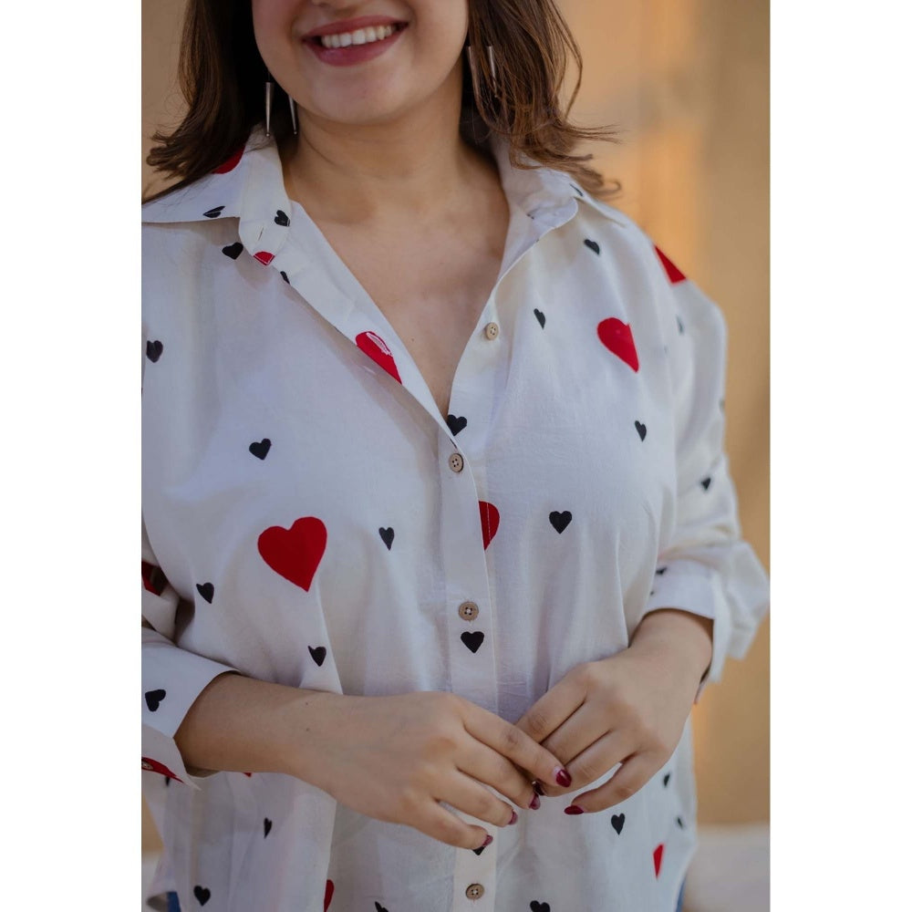 The Indian Ethnic Co. White Loose Hand Block Printed Cotton Shirt