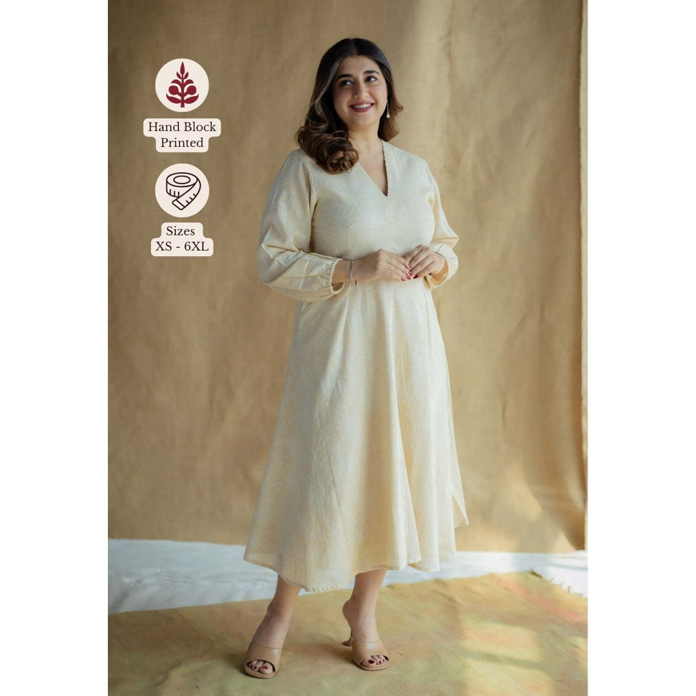 The Indian Ethnic Co. Cream A-Line Printed Slub Cotton Embroidered Dress