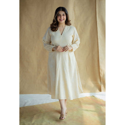 The Indian Ethnic Co. Cream A-Line Printed Slub Cotton Embroidered Dress