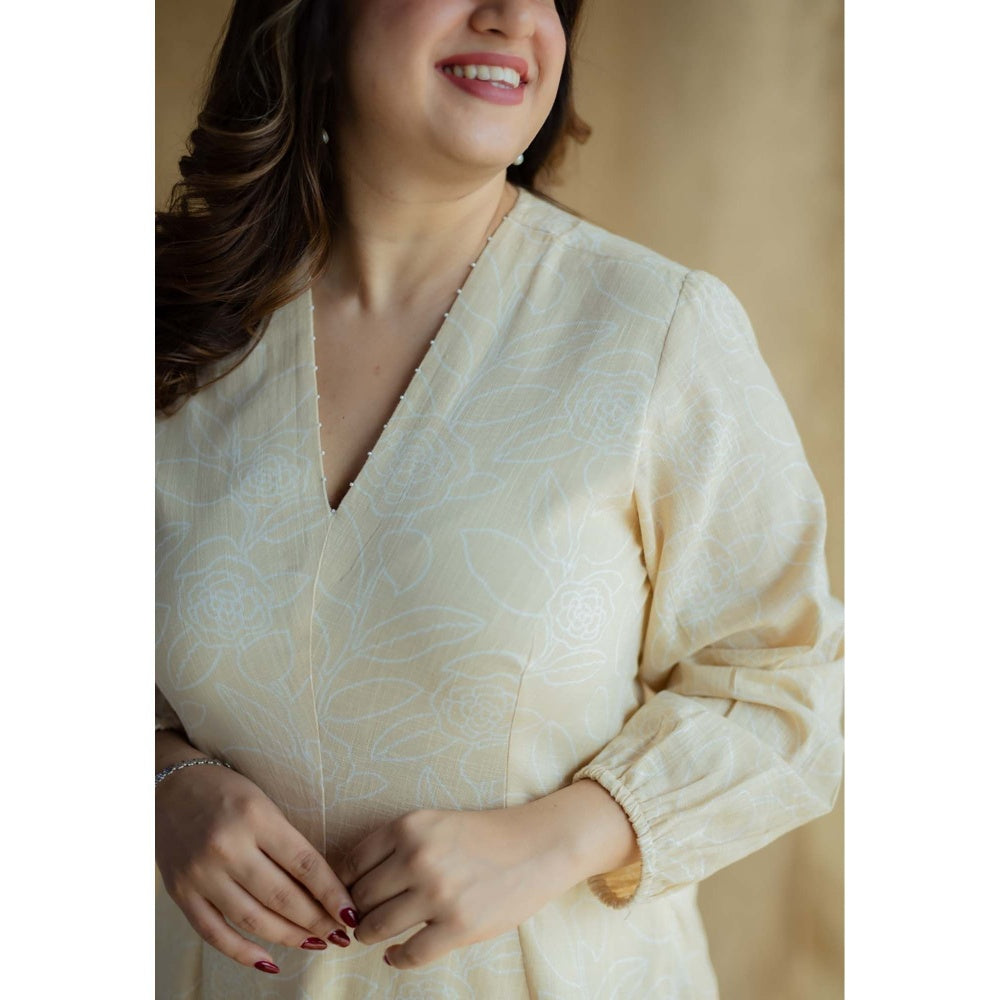 The Indian Ethnic Co. Cream A-Line Printed Slub Cotton Embroidered Dress