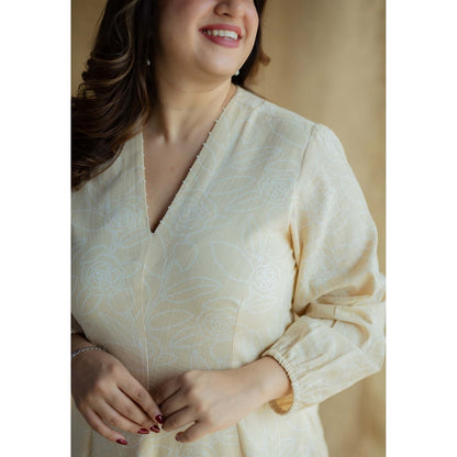 The Indian Ethnic Co. Cream A-Line Printed Slub Cotton Embroidered Dress