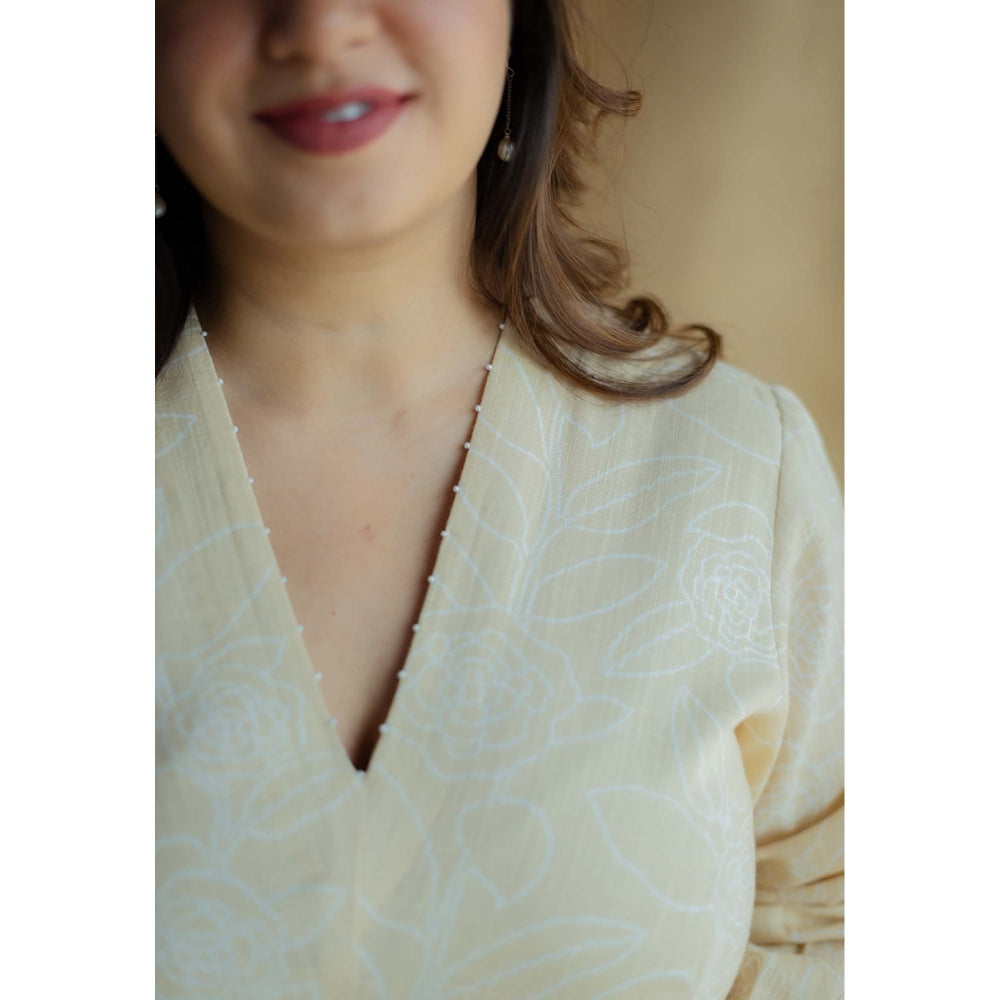 The Indian Ethnic Co. Cream A-Line Printed Slub Cotton Embroidered Dress