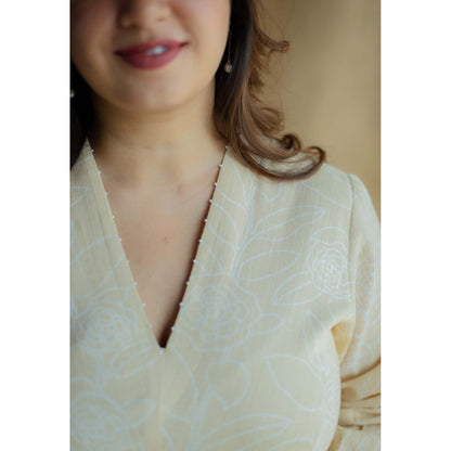 The Indian Ethnic Co. Cream A-Line Printed Slub Cotton Embroidered Dress
