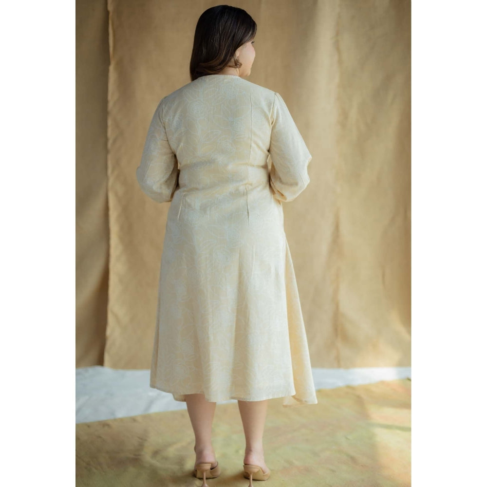 The Indian Ethnic Co. Cream A-Line Printed Slub Cotton Embroidered Dress
