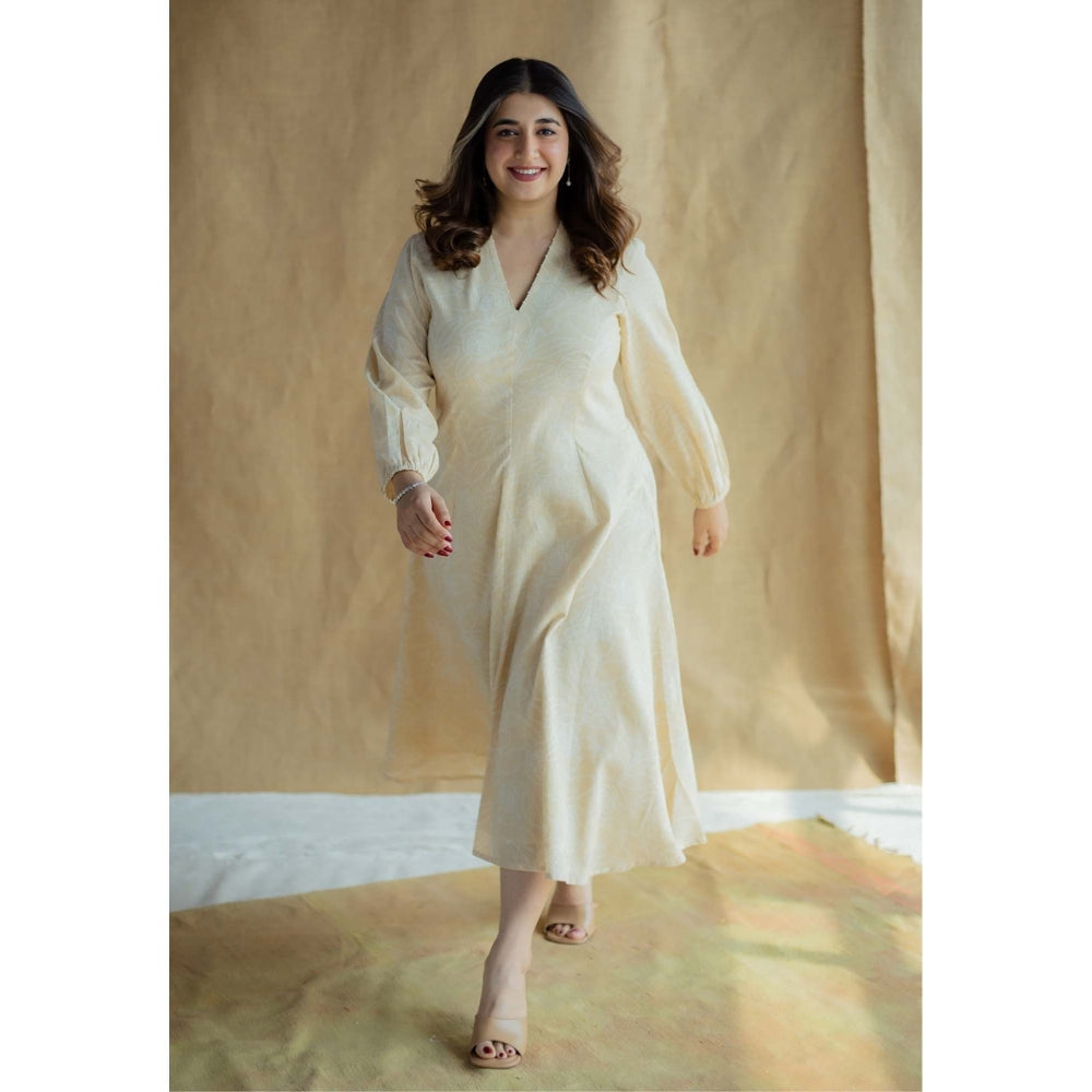 The Indian Ethnic Co. Cream A-Line Printed Slub Cotton Embroidered Dress